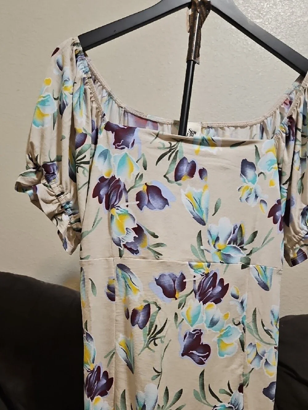 Sew In Love Cream Floral Off-Shoulder Blouse with Purple & Blue Flowers - Picture 3 of 10